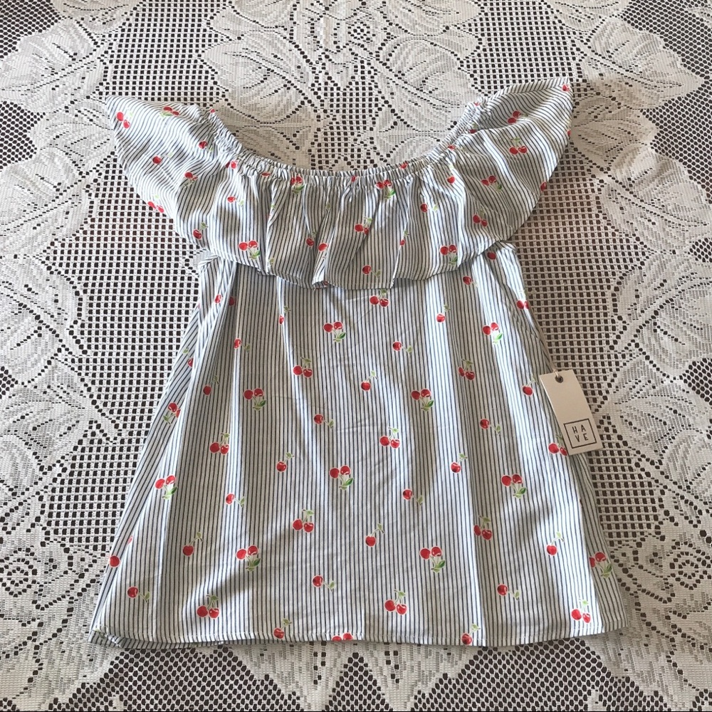 🆕 Cherry Printed Stripes Ruffle Off Shoulder Top - Picture 2 of 3